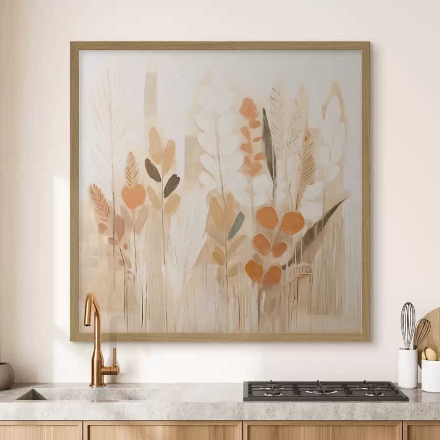 murales de pared Abstracción cálida con hierbas de campo y flores en una paleta beige-naranja de estilo Art Nouveau f44252