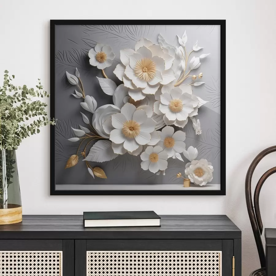 murales de pared Voluminosas flores blancas sobre fondo gris en estilo 3D f44253