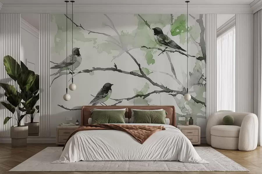 murales de pared Pájaros en las ramas de los árboles en estilo acuarela w09064v3