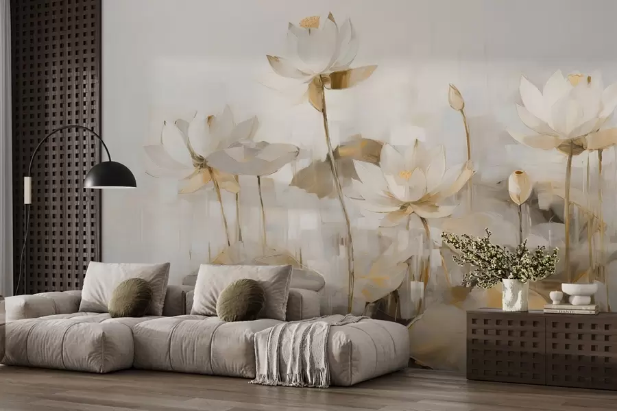 murales de pared Delicadas flores de loto pintadas con acrílico w09067v2
