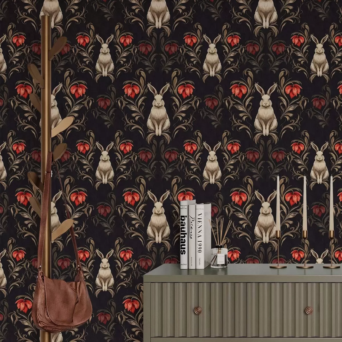 Papel pintado Liebre y flores rojas sobre fondo oscuro a00102