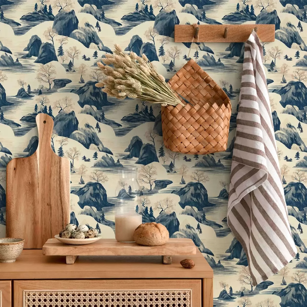 Papel pintado Paisajes de invierno con río de montaña en tonos azules a00103