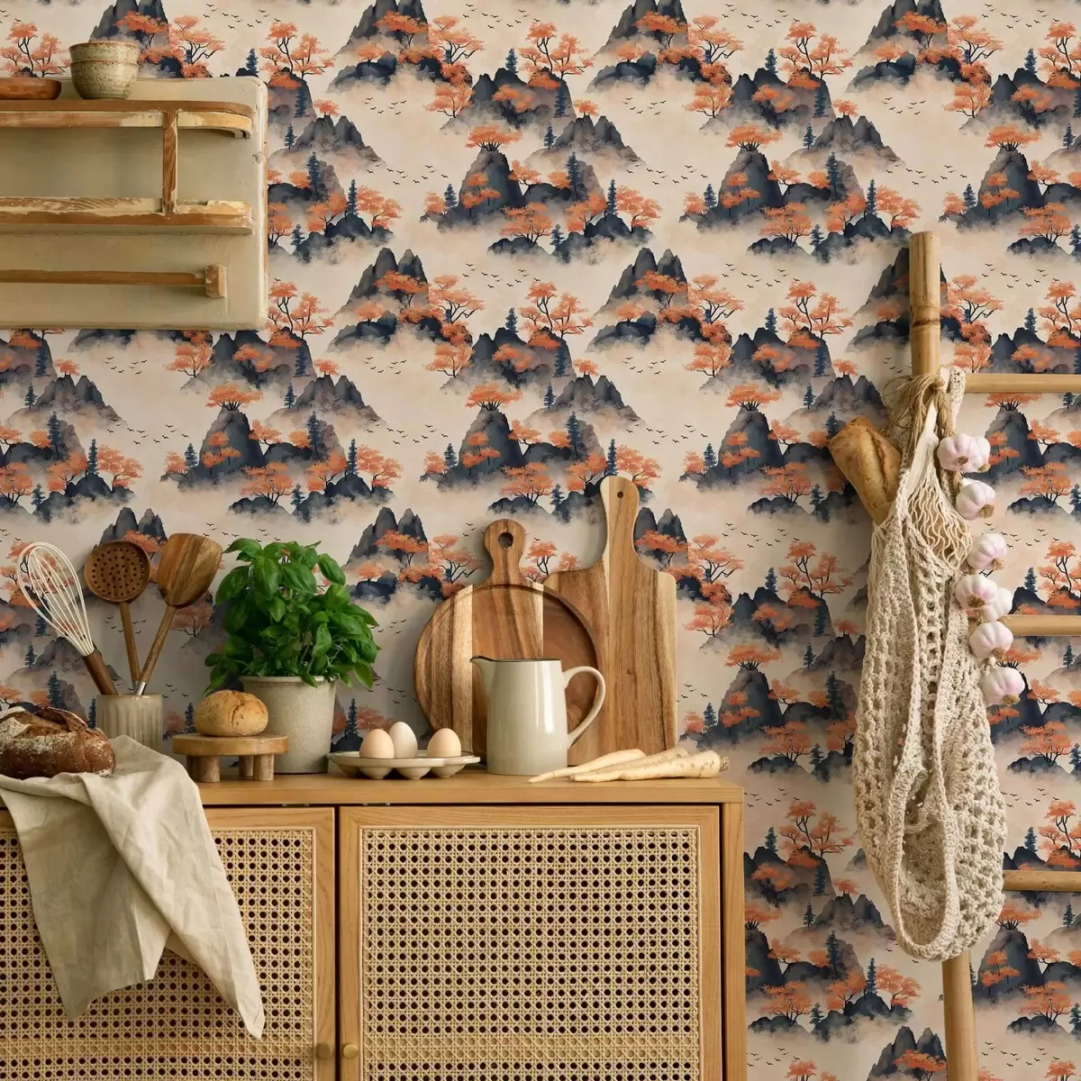 Papel pintado Montañas otoñales en la niebla con naranjos y pájaros a00104