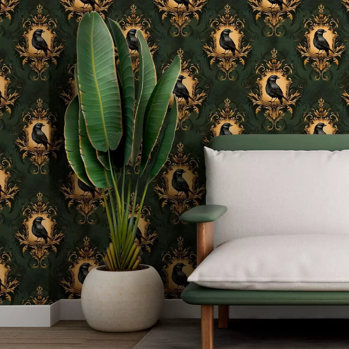 Papel pintado Cuervo en un marco sobre fondo verde a00105