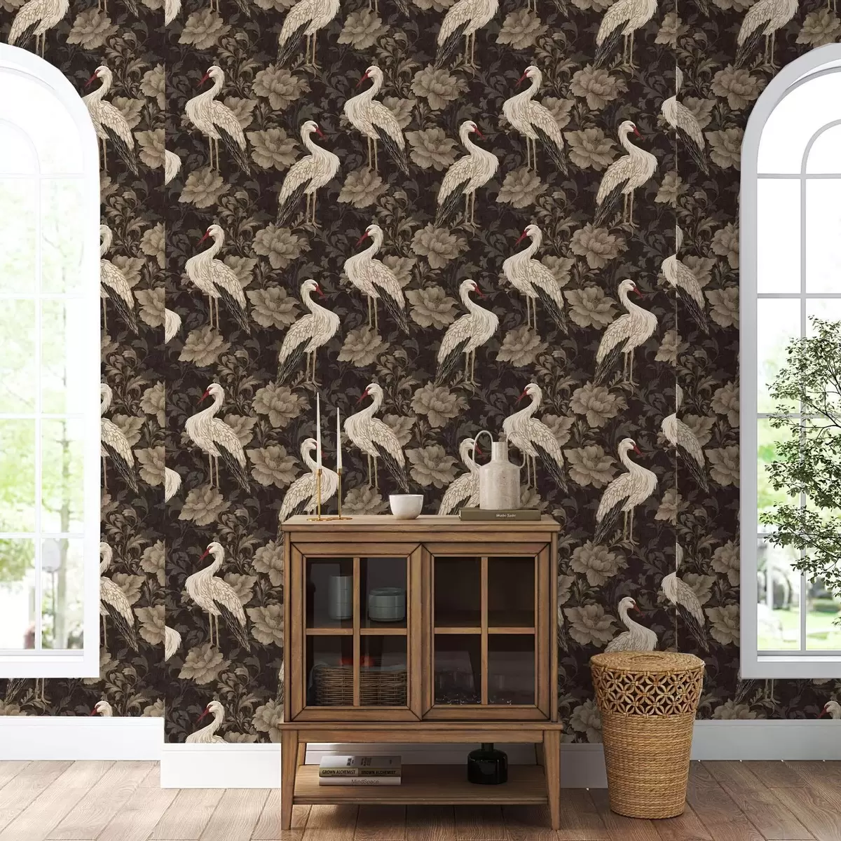 Papel pintado Grullas entre grandes flores en una clásica paleta pastel a00108