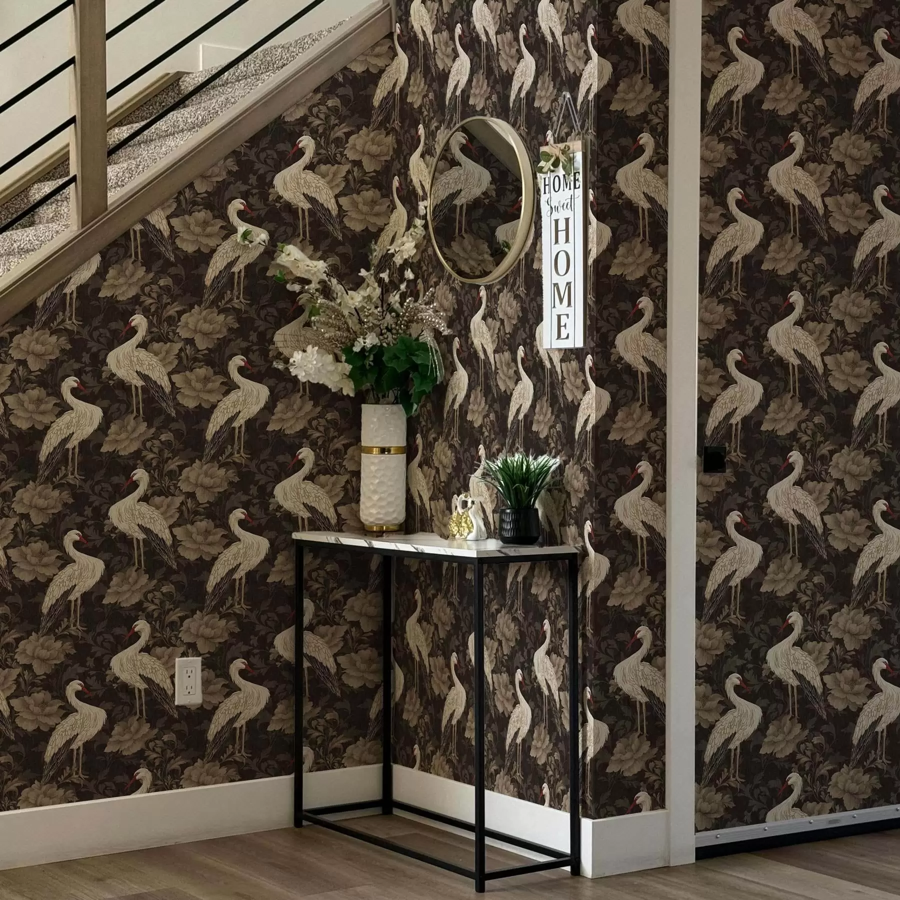 murales de pared Grullas entre grandes flores en una clásica paleta pastel a00108