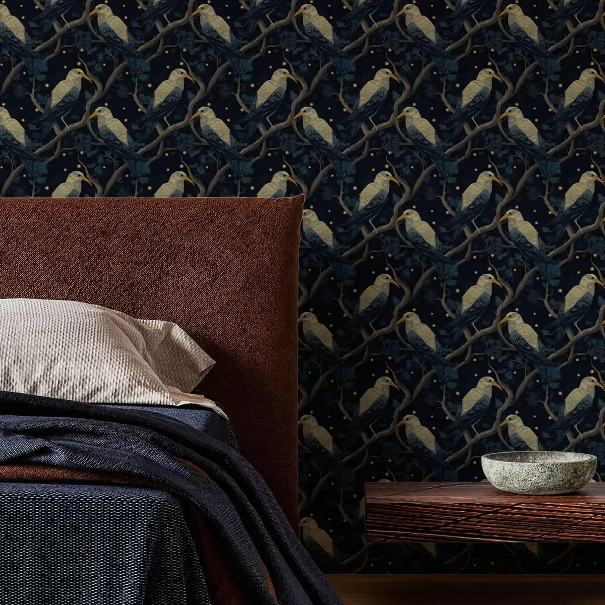 Papel pintado Pájaros nocturnos sobre ramas y estrellas sobre fondo azul oscuro a00109v1