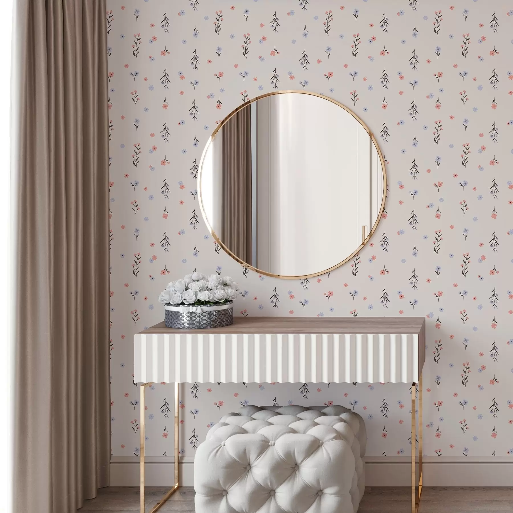 murales de pared Pequeñas flores en tonos rosa pálido y azul sobre fondo crema a00110