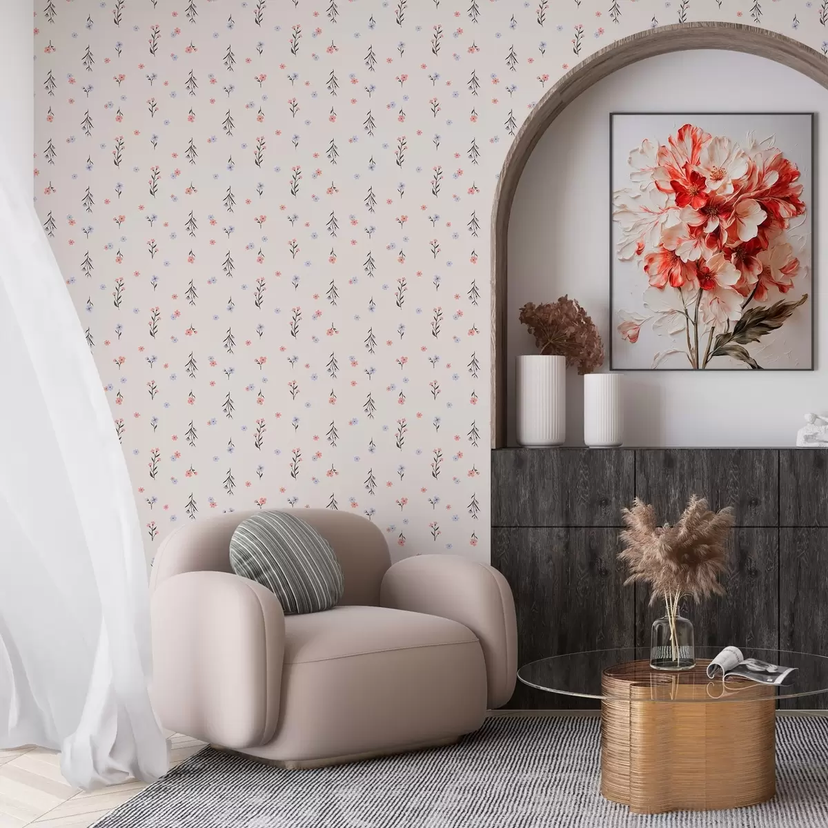 Papel pintado Pequeñas flores en tonos rosa pálido y azul sobre fondo crema a00110