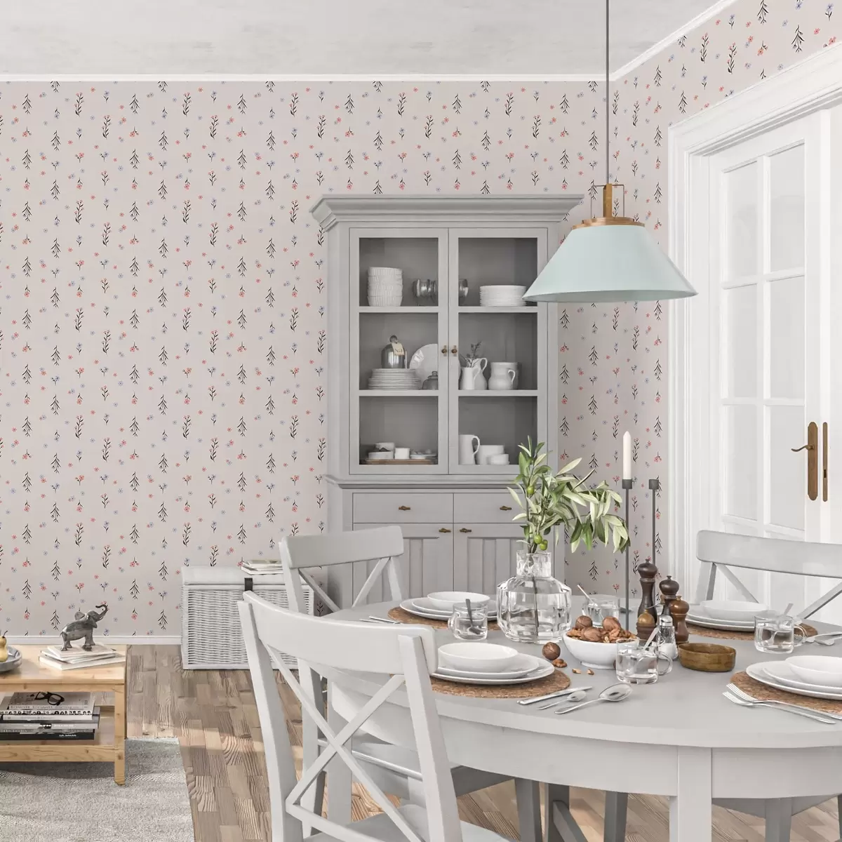 Papel pintado Pequeñas flores en tonos rosa pálido y azul sobre fondo crema a00110