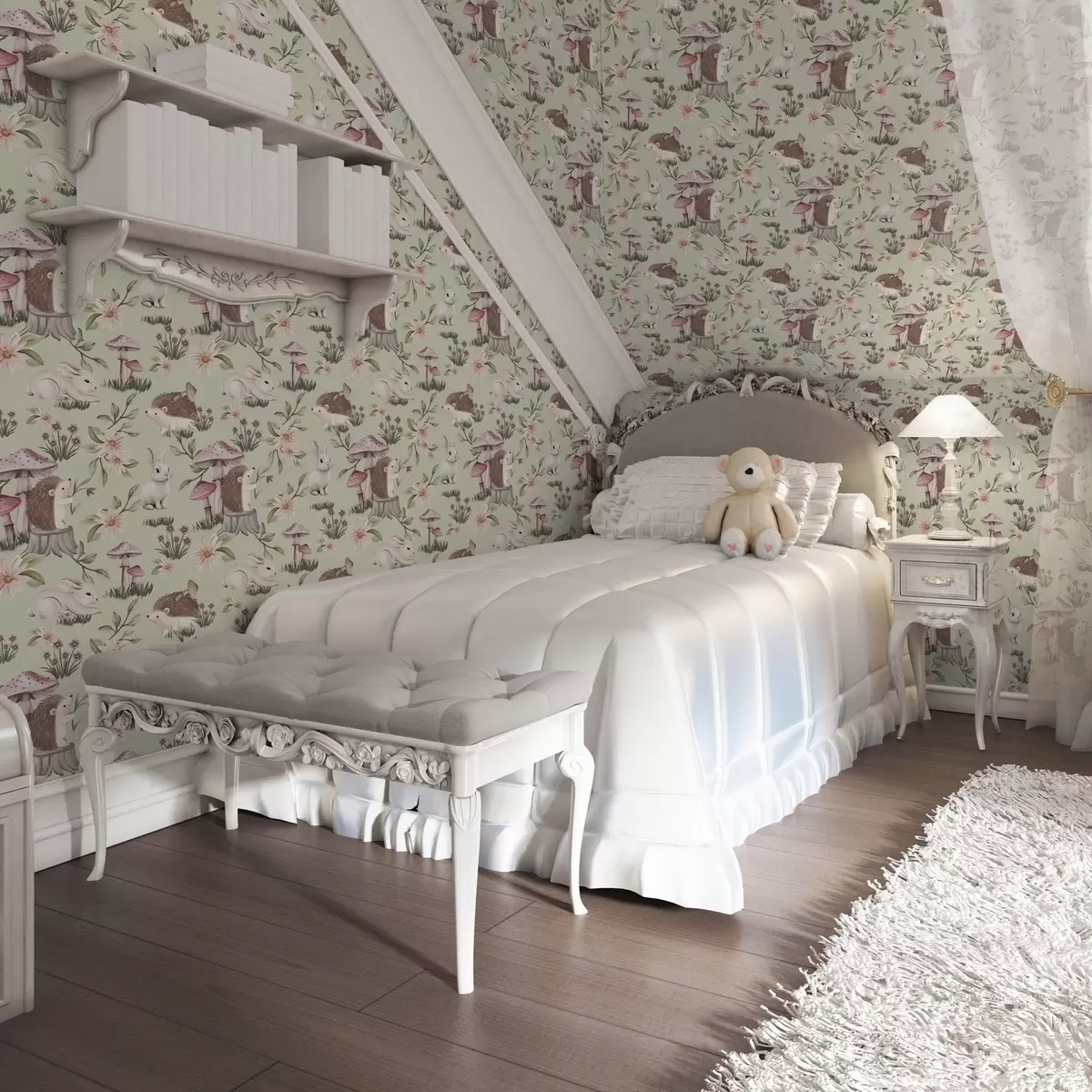 Papel pintado Animales y flores de cuento sobre fondo verde en delicados colores pastel a00111v1