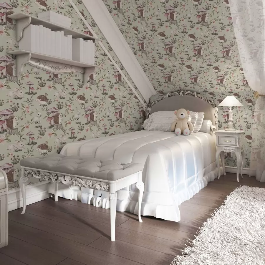 murales de pared Animales y flores de cuento sobre fondo verde en delicados colores pastel a00111v1