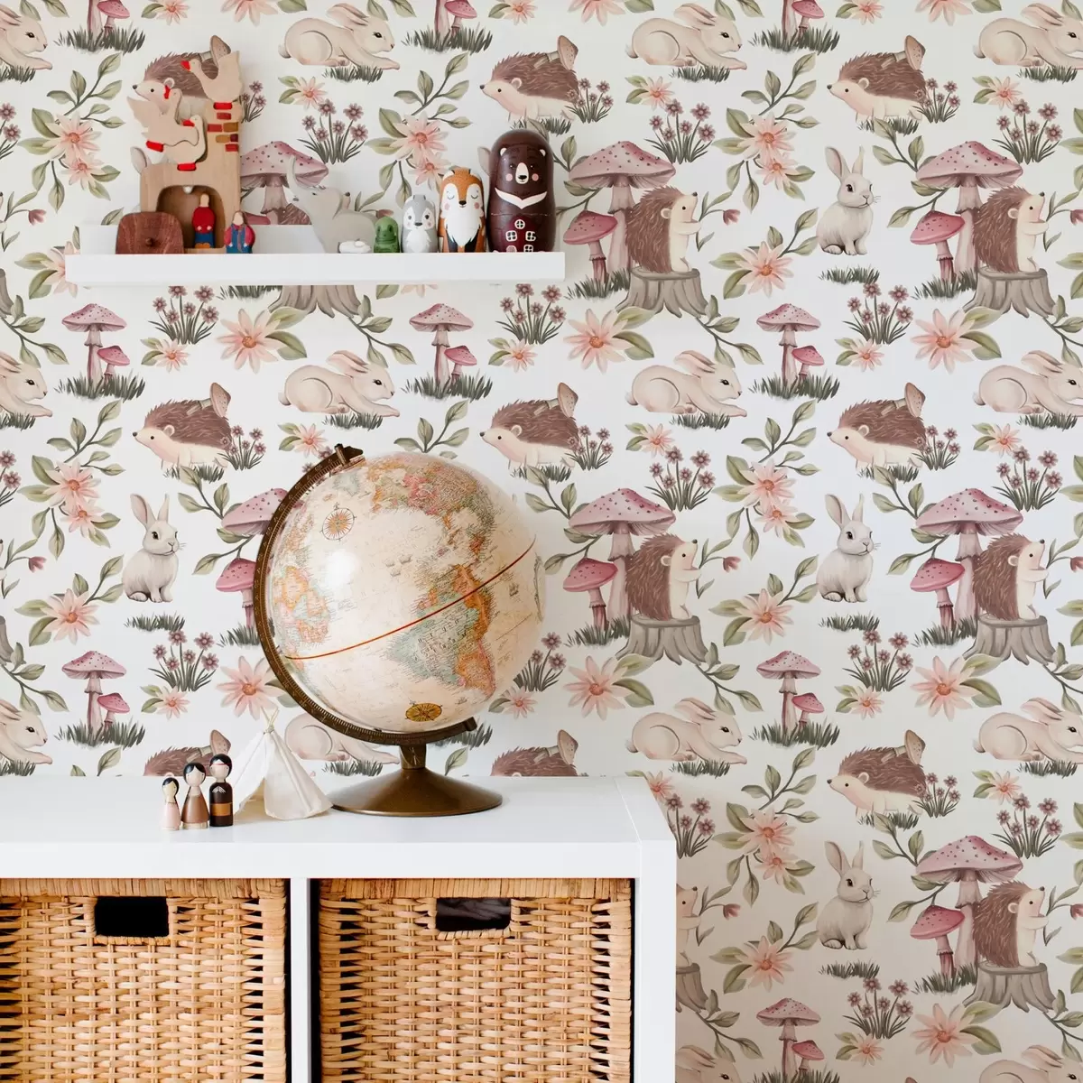 Papel pintado Erizos y conejos sobre fondo blanco con delicadas flores y setas a00111v2