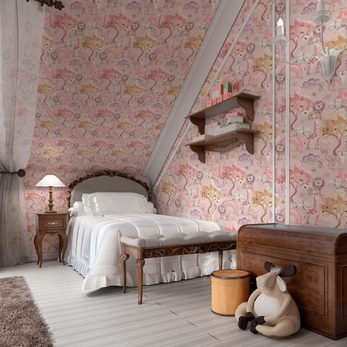 Papel pintado Cachorros de león, jirafas y arco iris en un bosque de colores pastel a00112