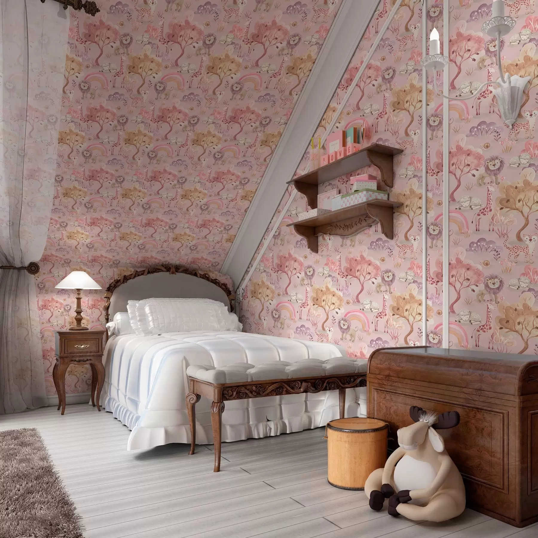 murales de pared Cachorros de león, jirafas y arco iris en un bosque de colores pastel a00112