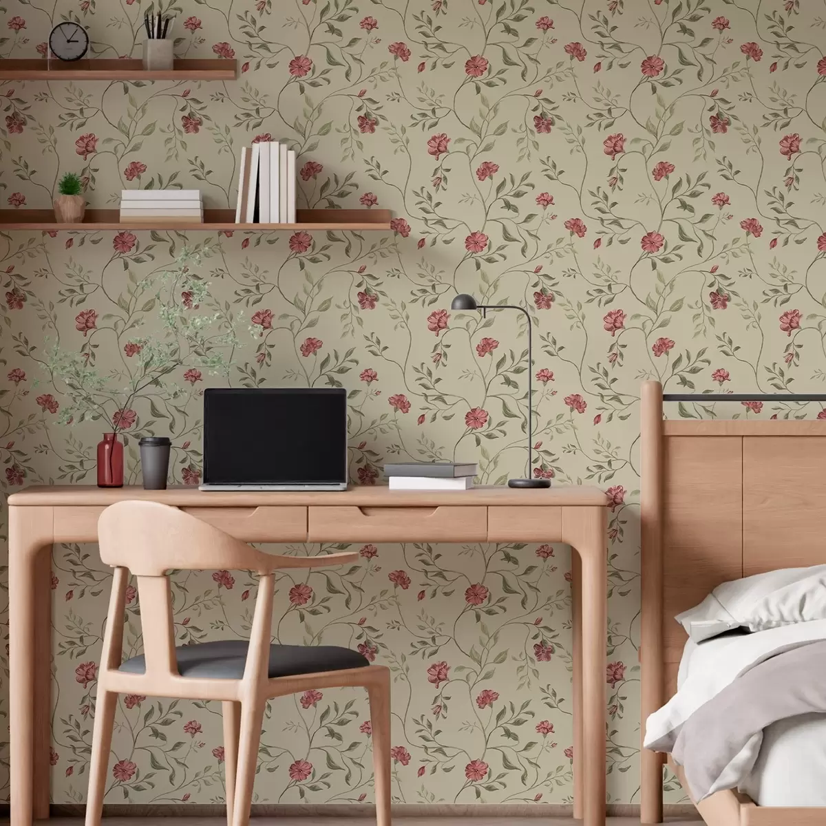 Papel pintado Flores y capullos rojos sobre fondo claro a00114