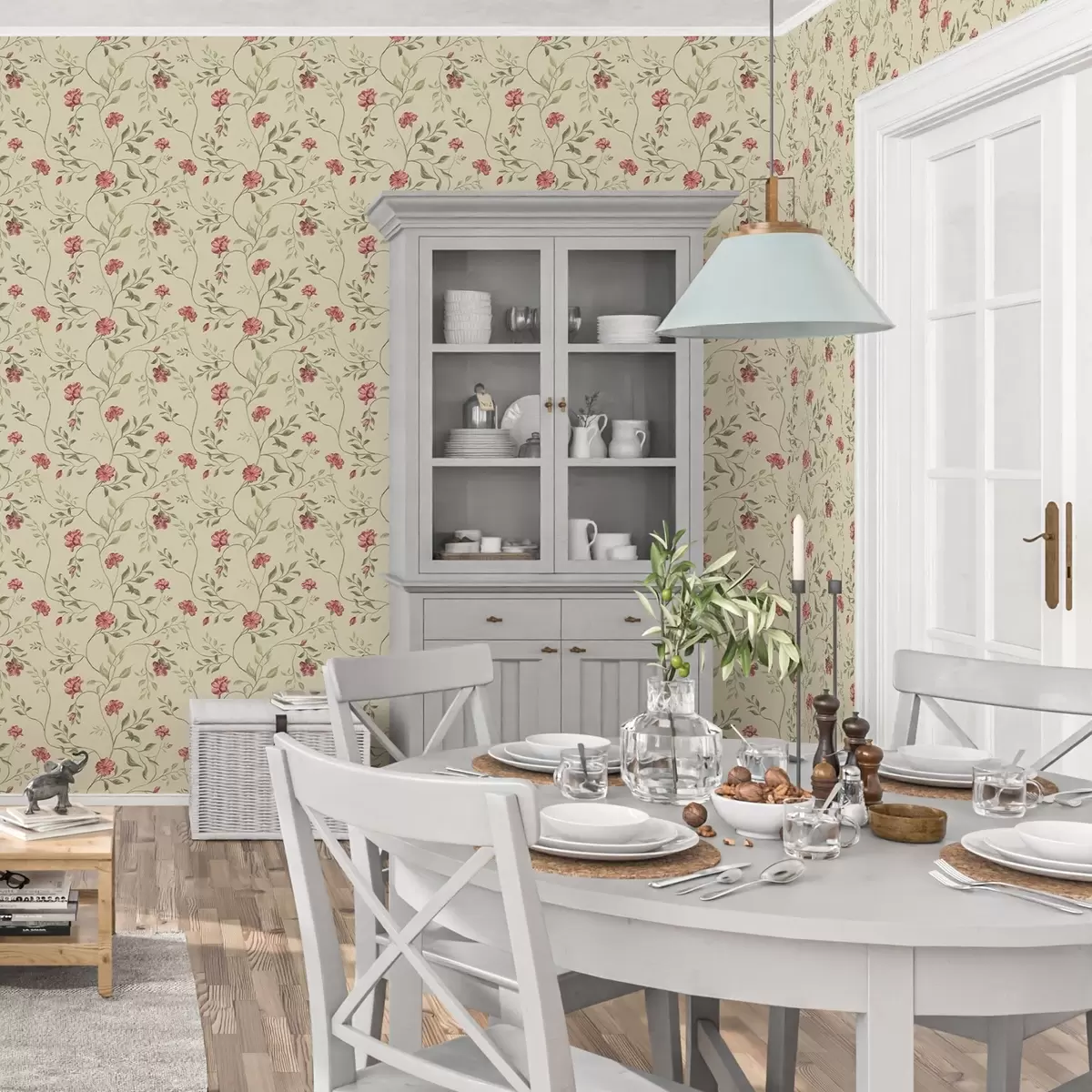 Papel pintado Flores y capullos rojos sobre fondo claro a00114