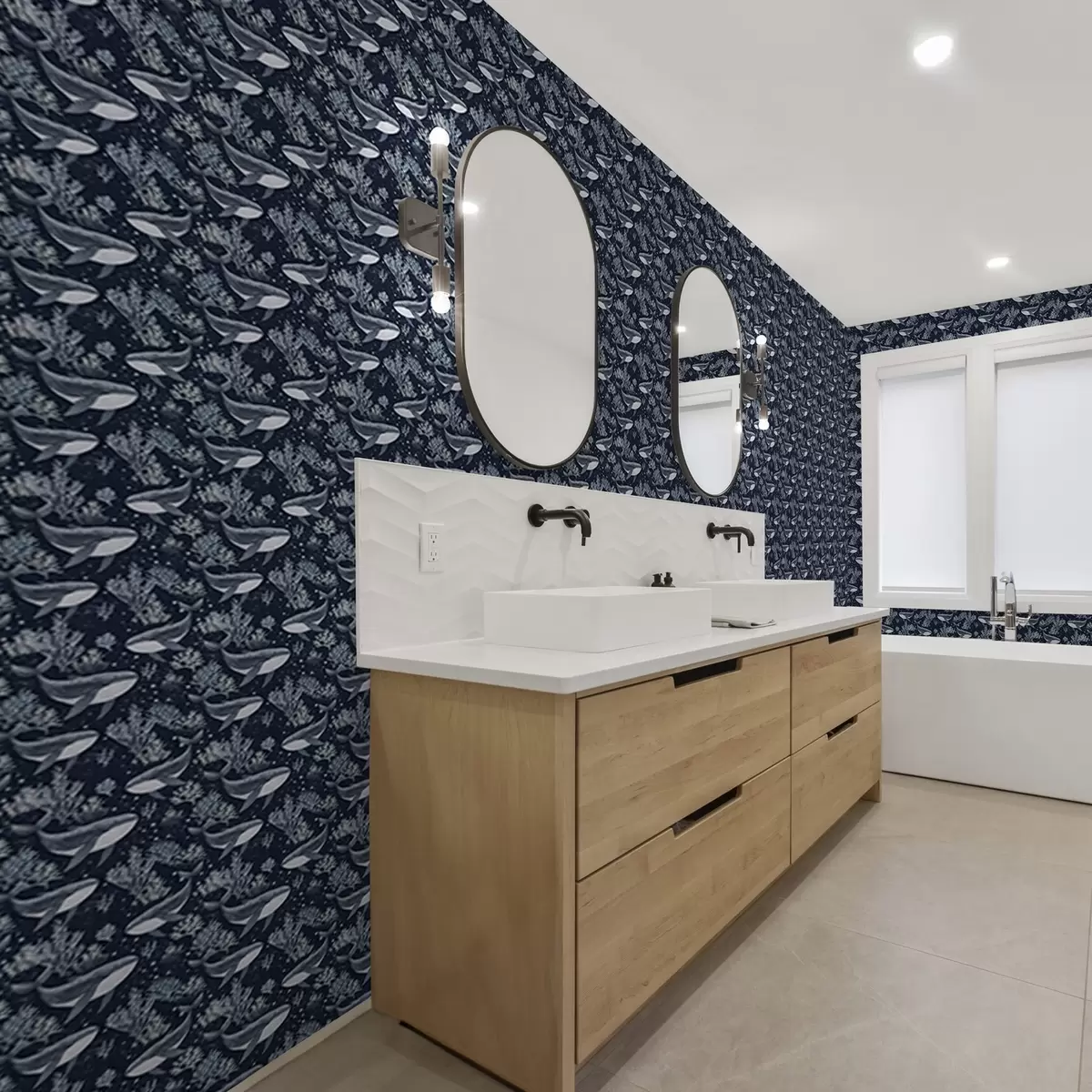 Papel pintado Ballenas y corales sobre fondo azul oscuro a00116v1