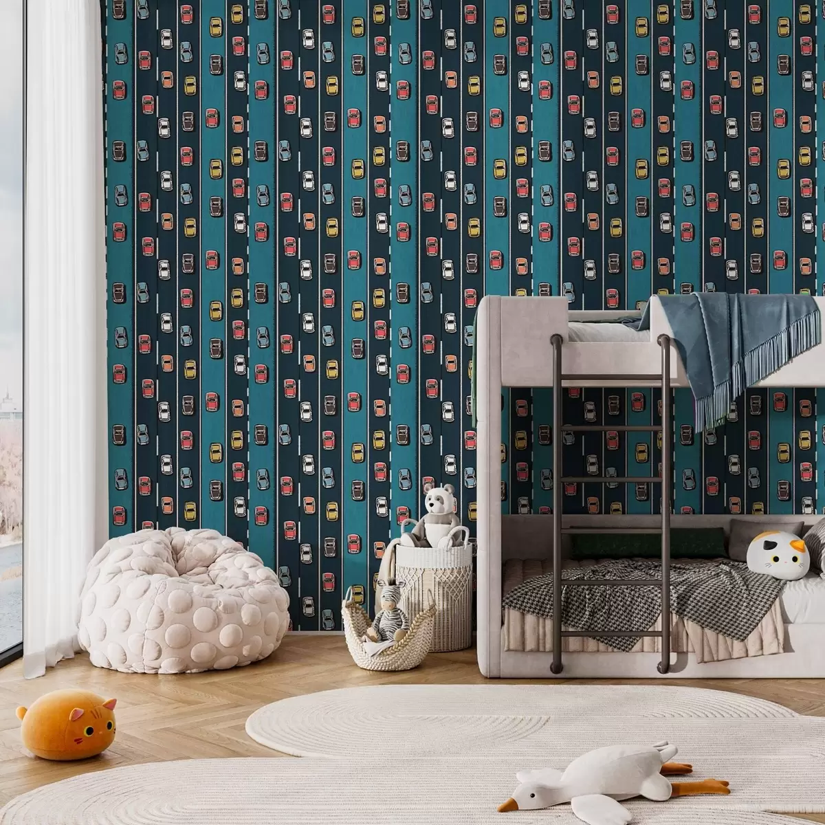 Papel pintado Coche retro en carretera azul marino al estilo de los años 60 a00118