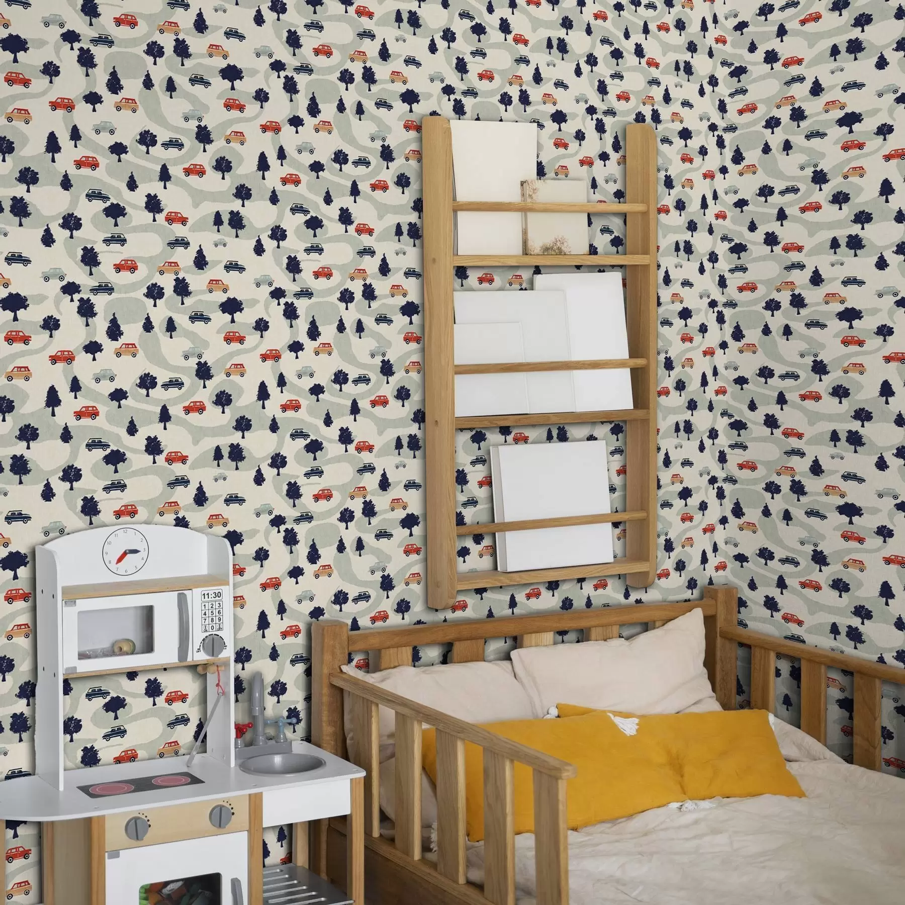 murales de pared Divertidos coches entre los árboles sobre fondo crema a00119