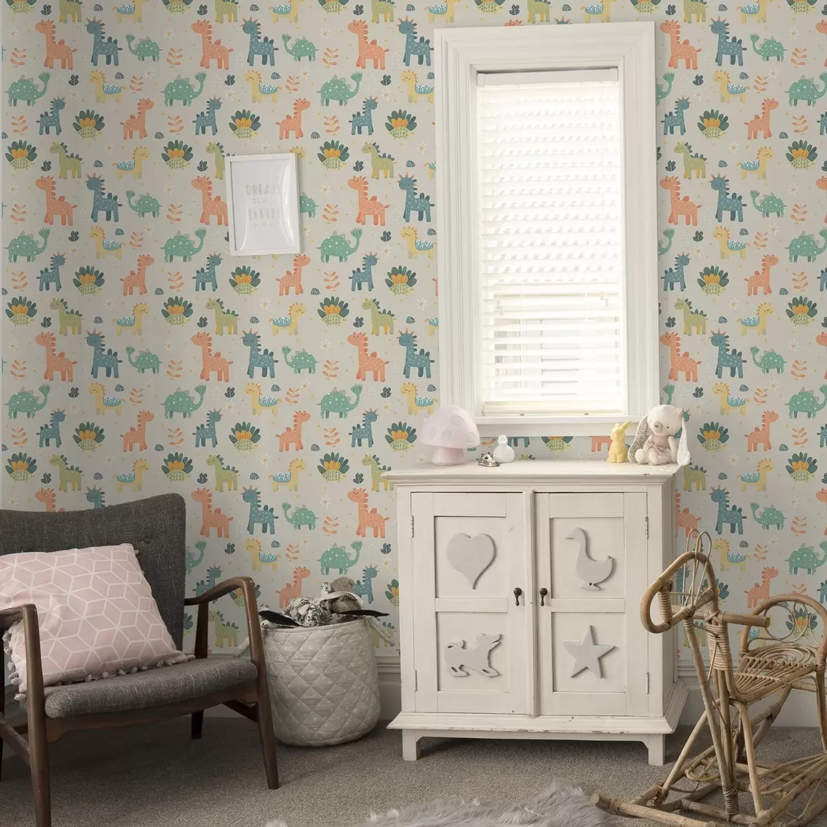 Papel pintado Dinosaurios infantiles en colores pastel sobre fondo claro a00125