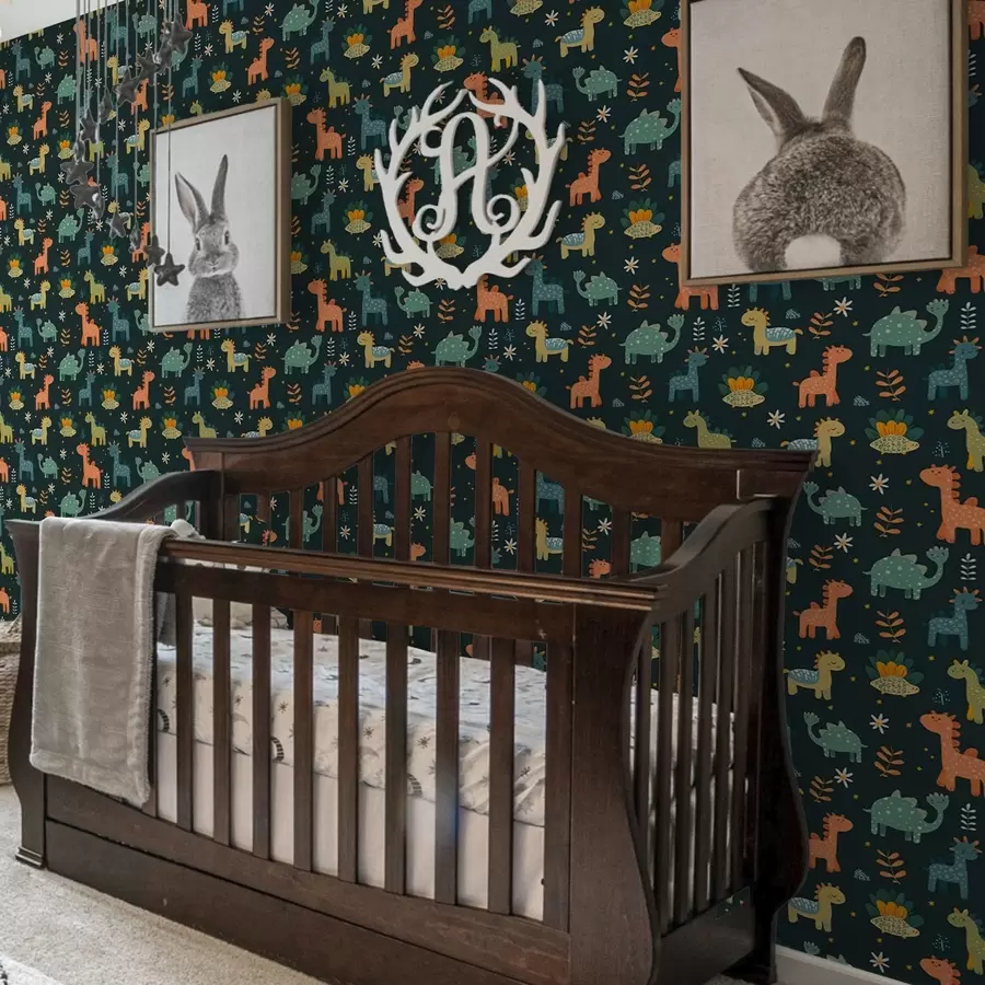 murales de pared Divertidos dinosaurios en colores pastel sobre fondo oscuro a00125v2