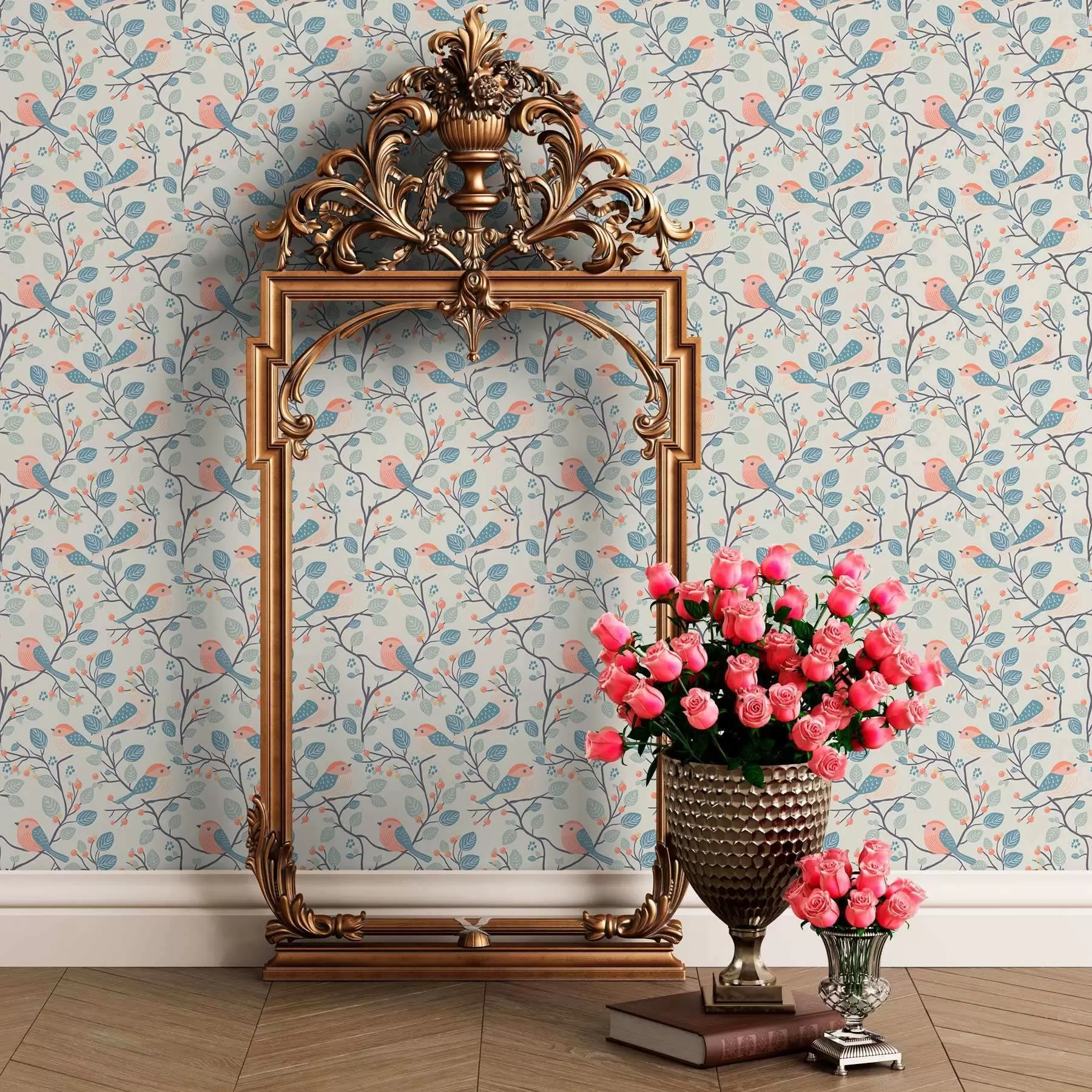 murales de pared Pájaros y ramitas en colores pastel sobre fondo claro a00128