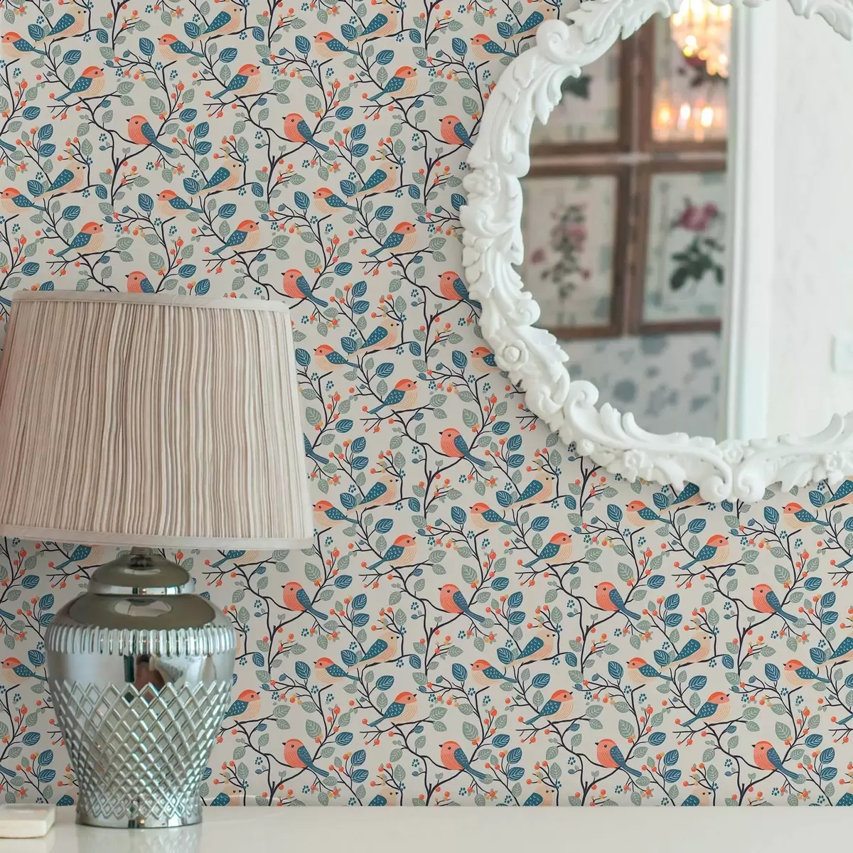 Papel pintado Pájaros en las ramas y bayas de colores cálidos a00128v1