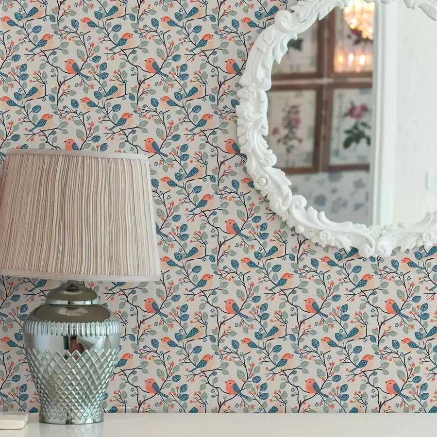 murales de pared Pájaros en las ramas y bayas de colores cálidos a00128v1