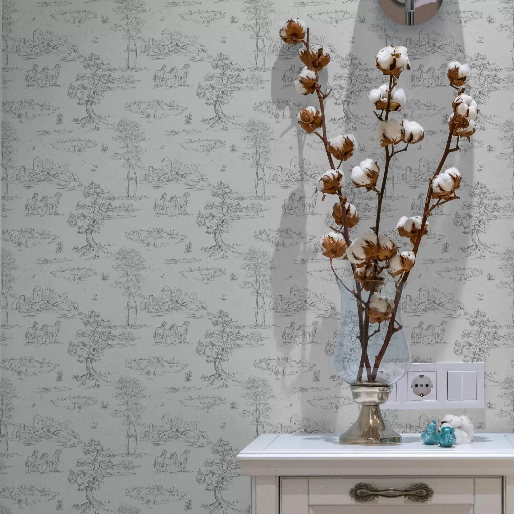 murales de pared Paisaje con caballos en estilo gris y blanco a00133v2