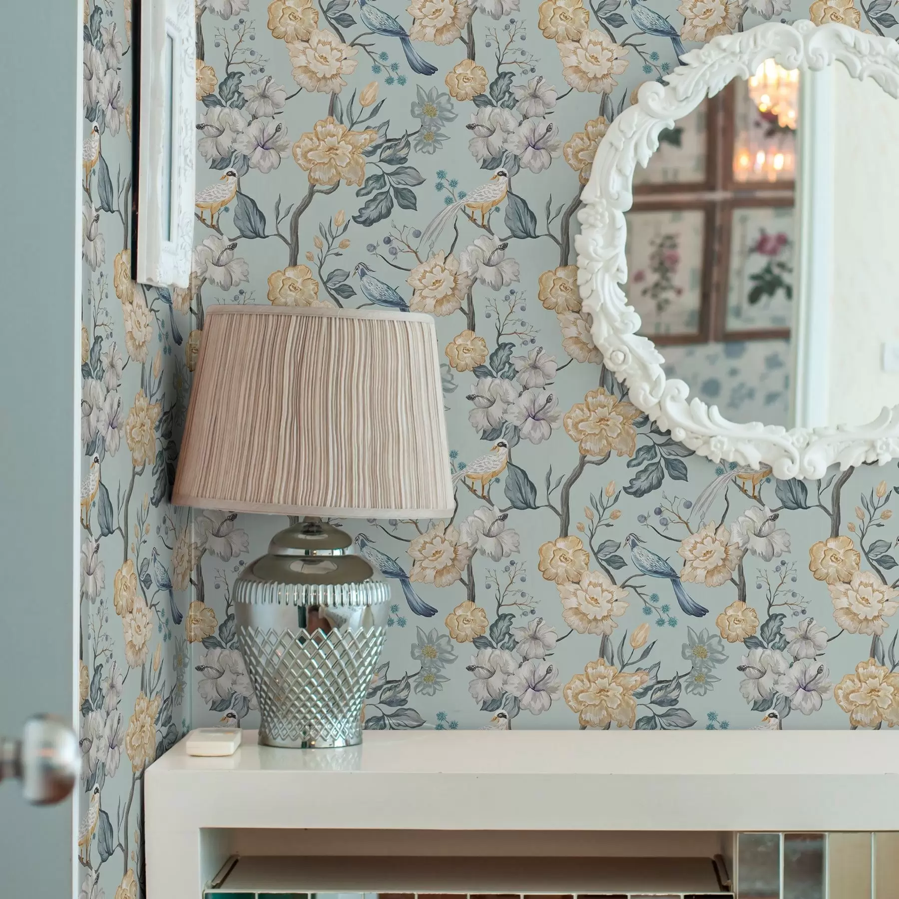 murales de pared Flores y pájaros sobre fondo azul a00134