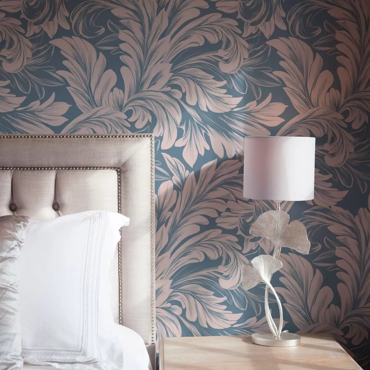 Papel pintado Rizos vegetales en tonos crema sobre fondo azul y gris a00135v2