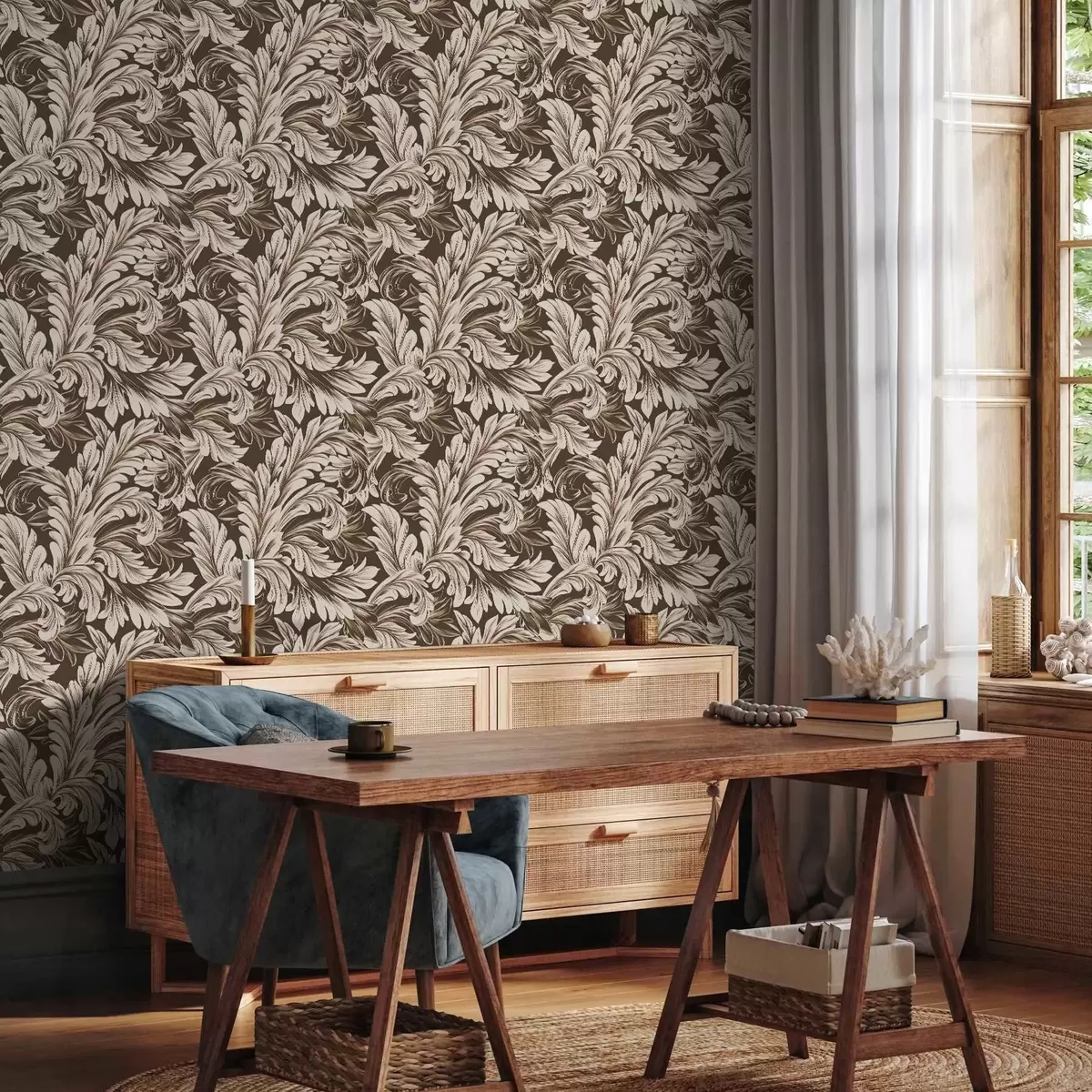 Papel pintado Motivo barroco con hojas sobre fondo oscuro a00135v5