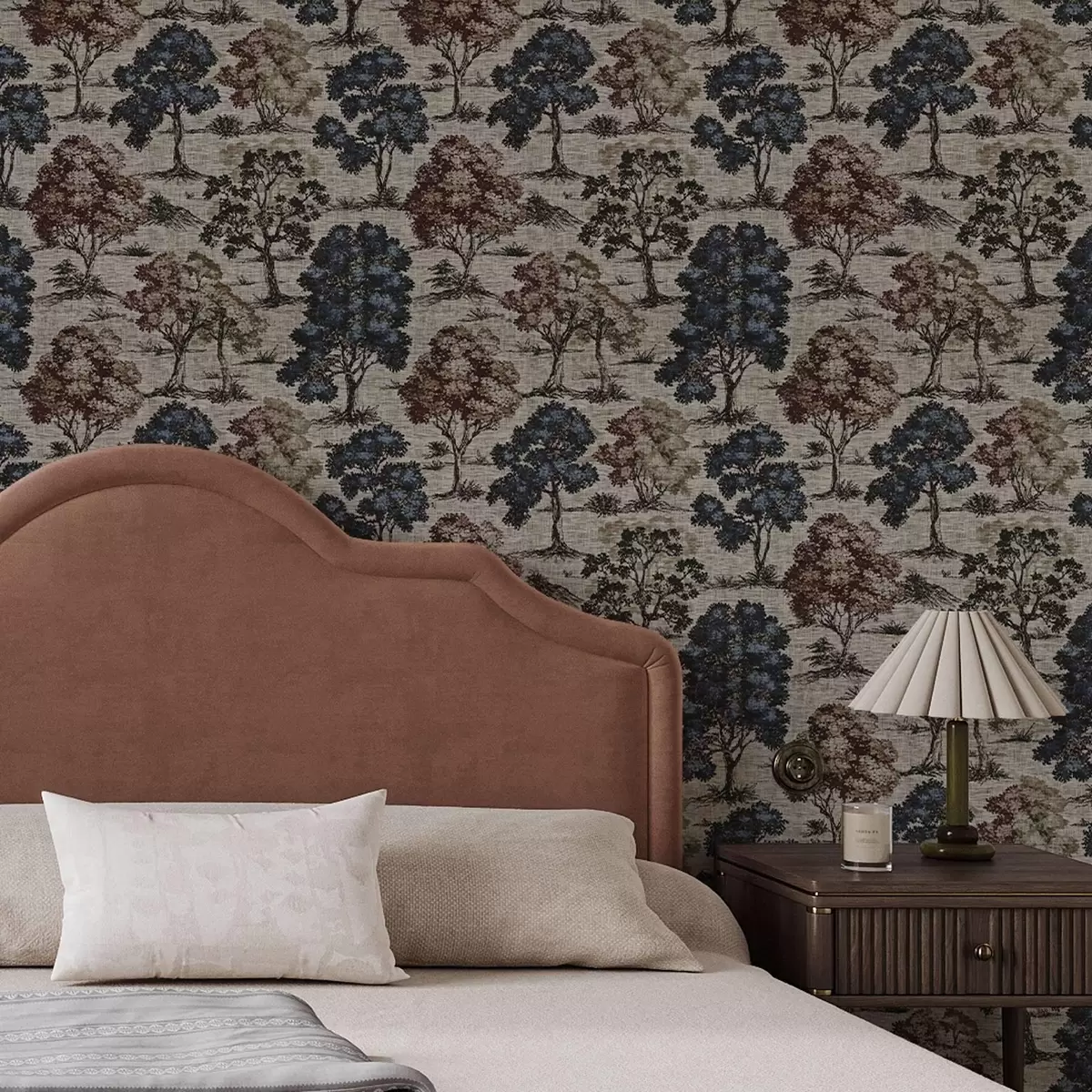 Papel pintado Gráfico con árboles sobre fondo de lino claro a00152