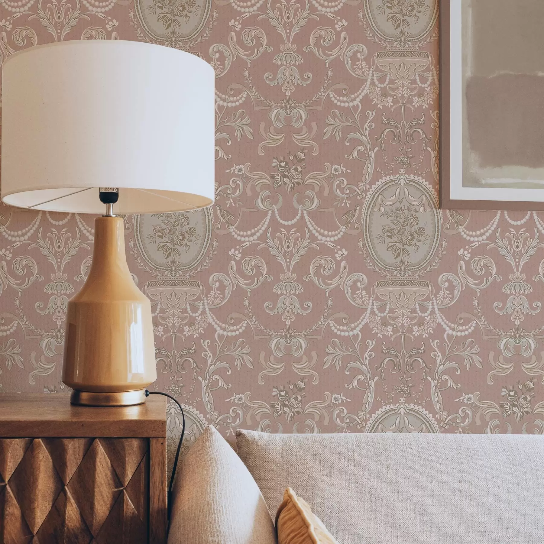 murales de pared Adorno barroco con flores sobre fondo rosa a00160