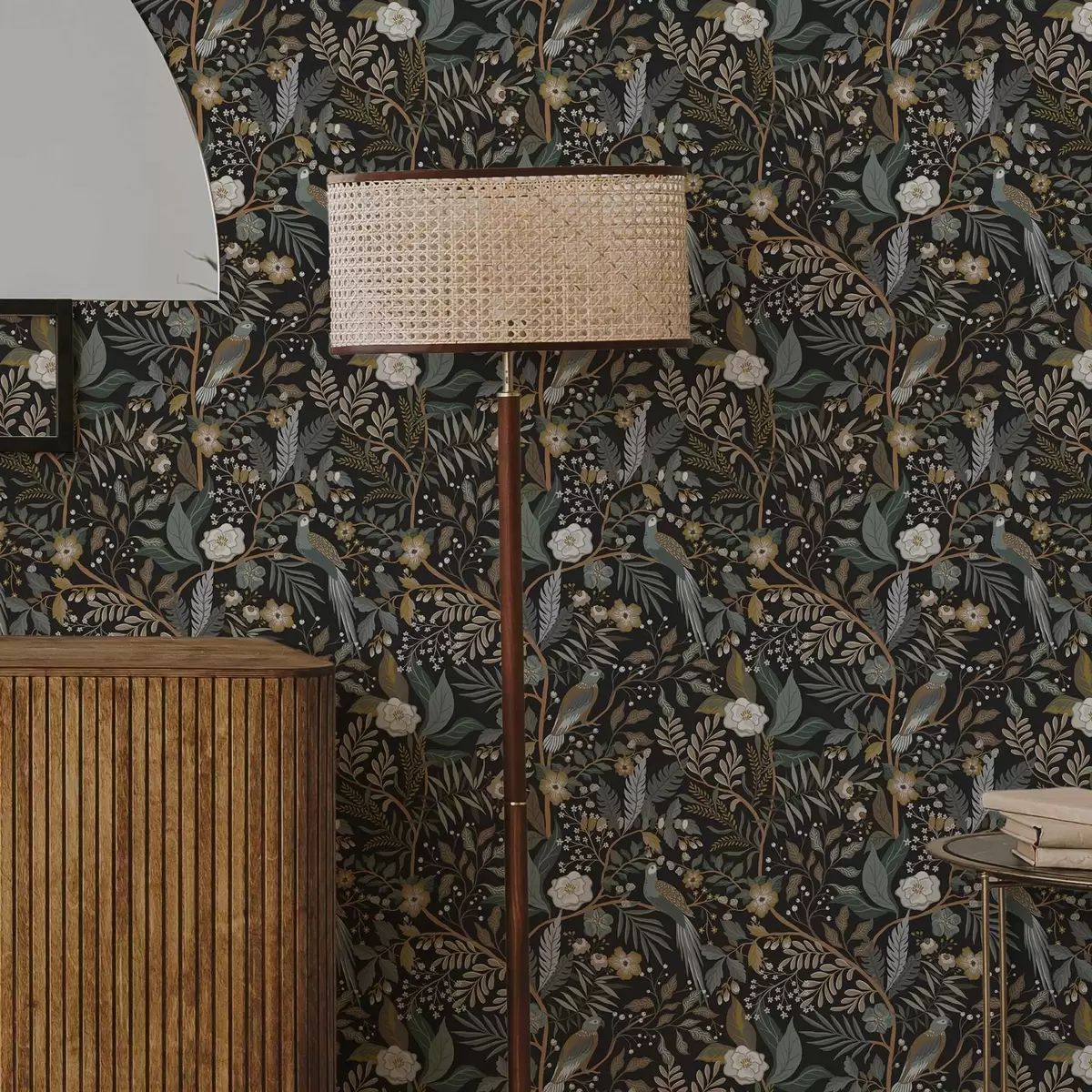 Papel pintado Pájaros entre ramas sobre fondo oscuro a00161