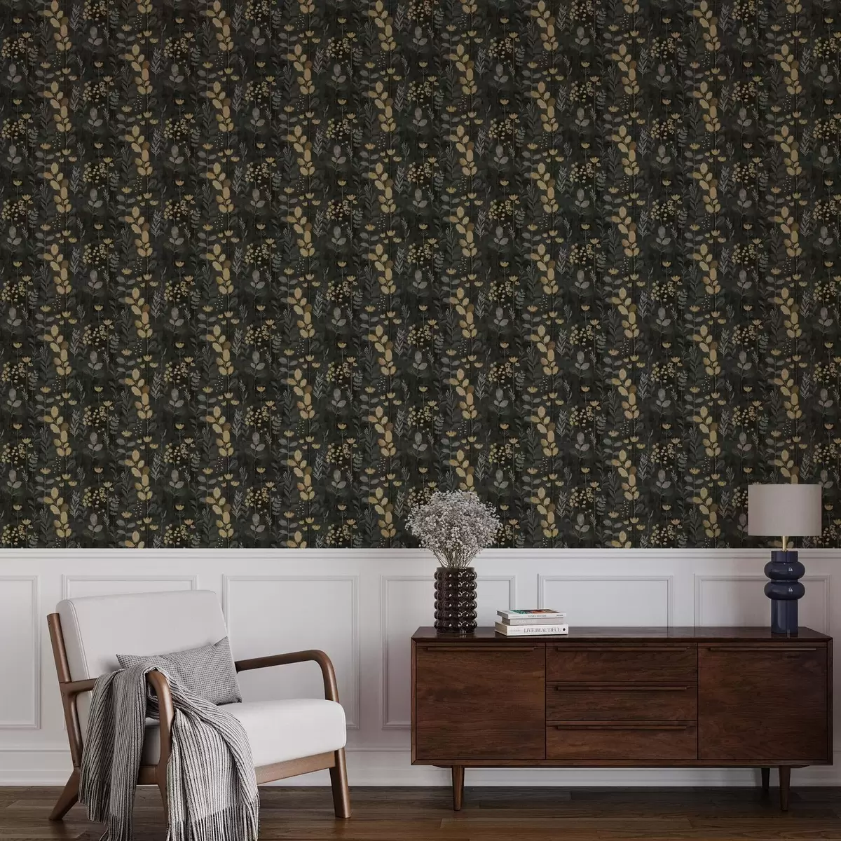 Papel pintado Estampado floral en tonos grises y amarillos a00163