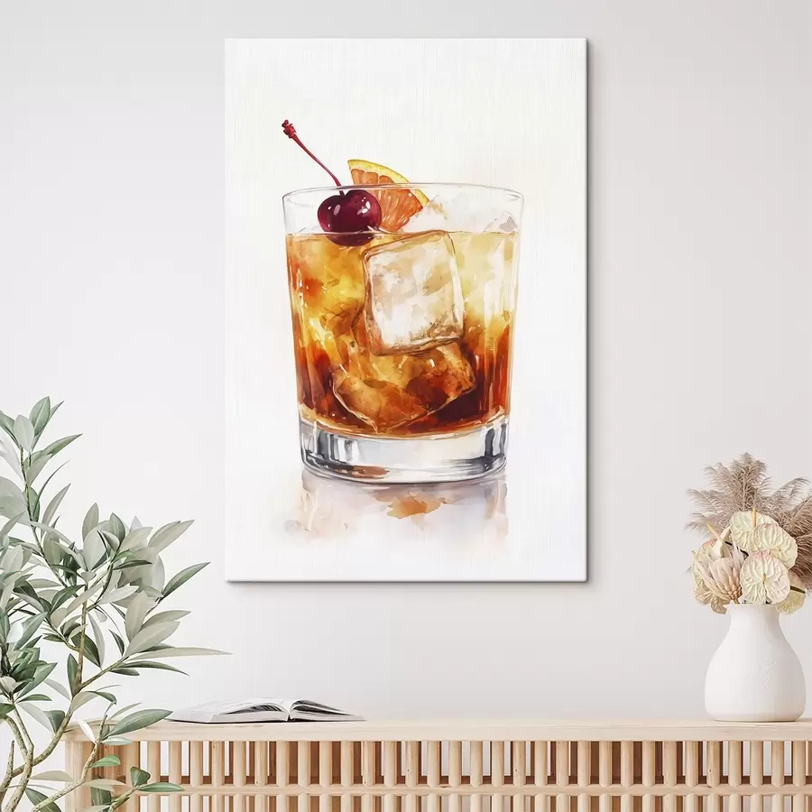 murales de pared Cóctel de naranja con hielo y cereza, estilo acuarela s44303