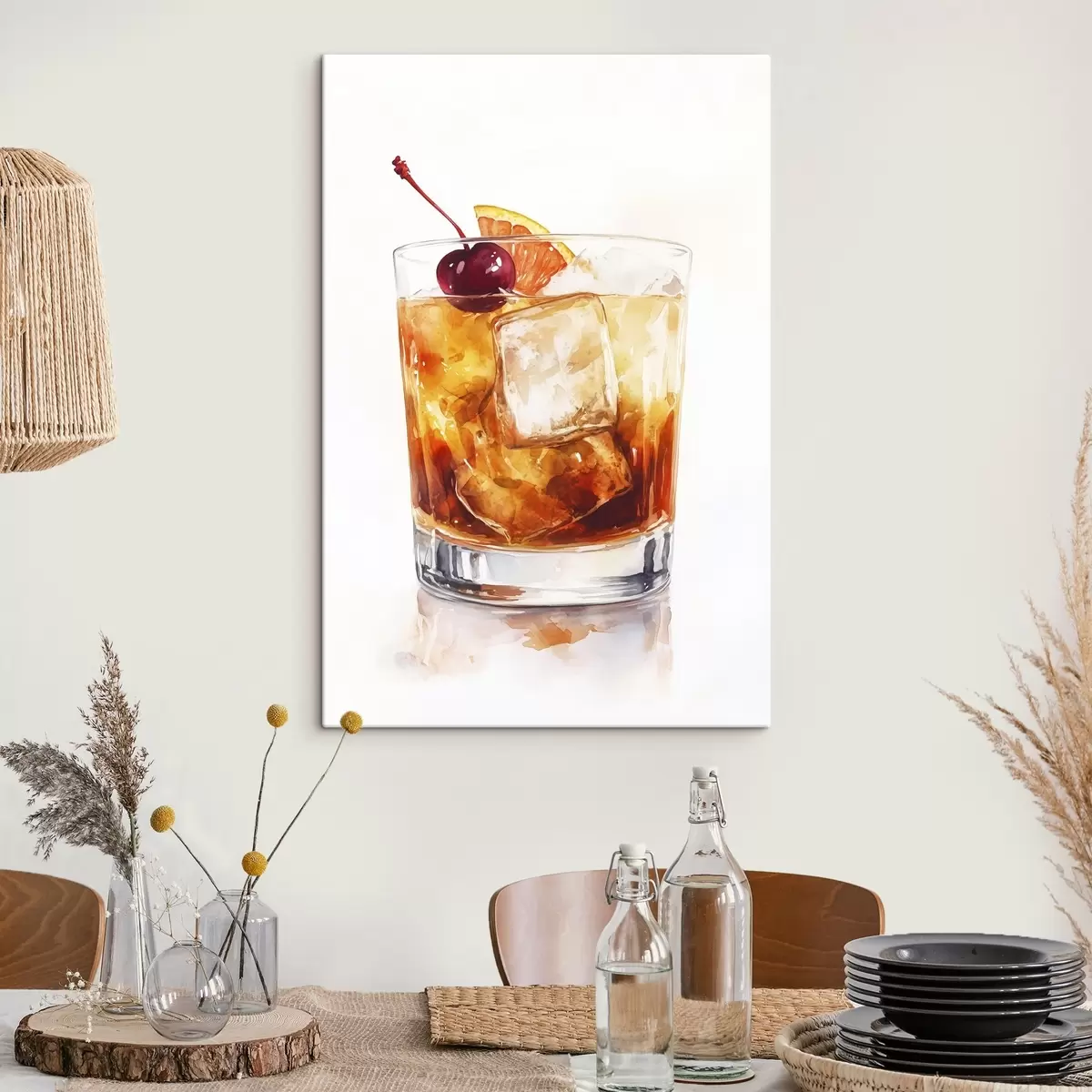 murales de pared Cóctel de naranja con hielo y cereza, estilo acuarela s44303