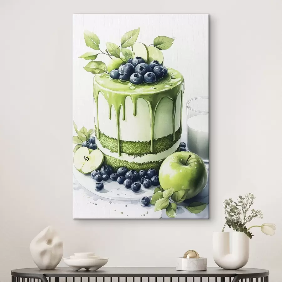murales de pared Tarta de matcha con arándanos y manzanas, estilo acuarela s44304