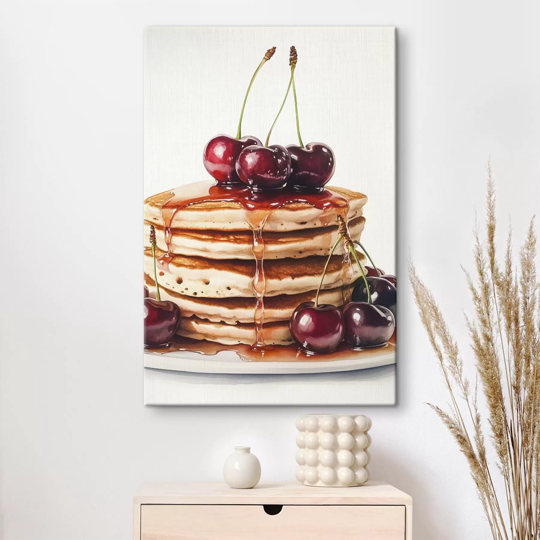 murales de pared Deliciosas tortitas con cerezas y sirope, estilo acuarela s44305