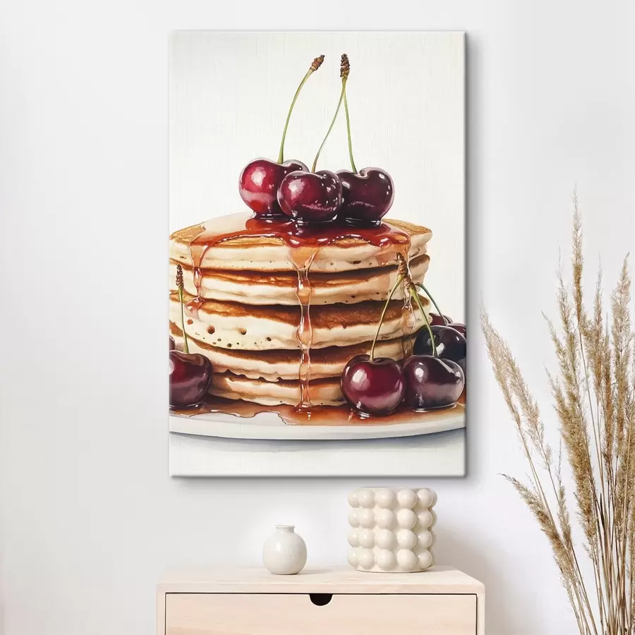 murales de pared Deliciosas tortitas con cerezas y sirope, estilo acuarela s44305
