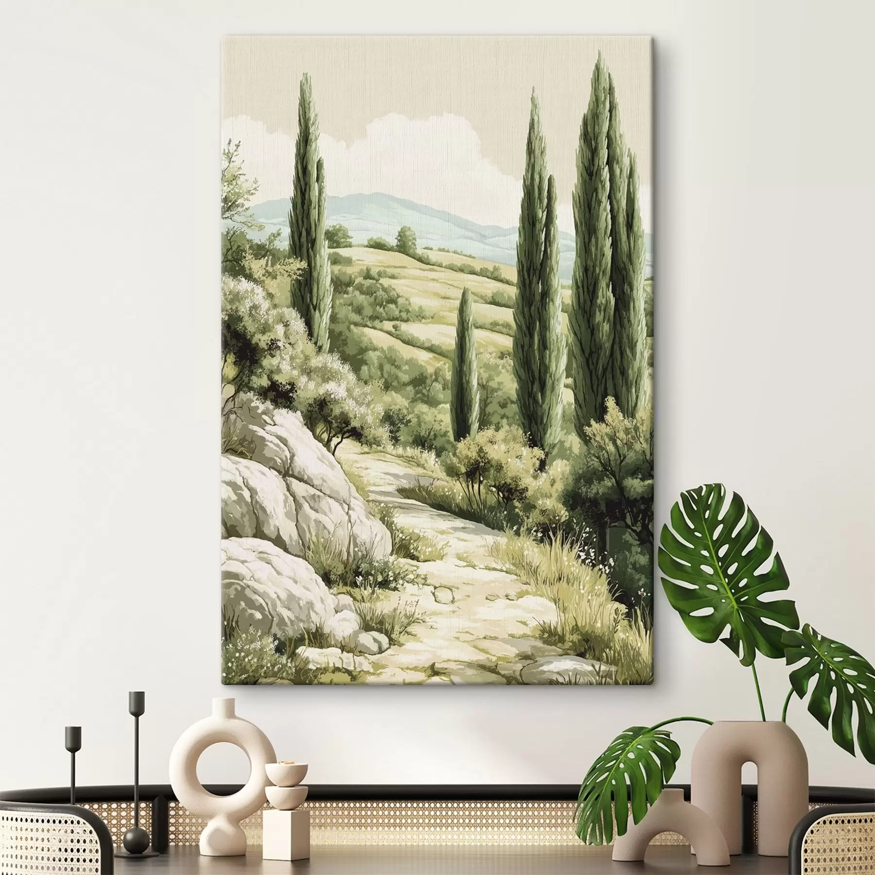 murales de pared Paisajes de verano con cipreses y verdes colinas, estilo rústico s44308