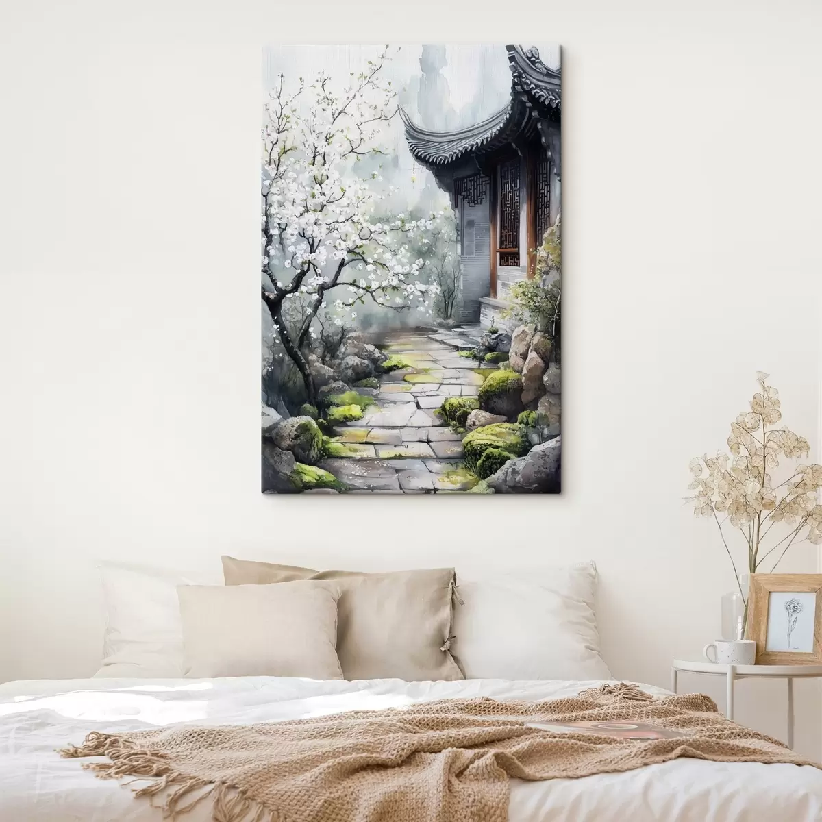 murales de pared Jardín japonés con cerezo y casa, estilo oriental, acuarela s44309