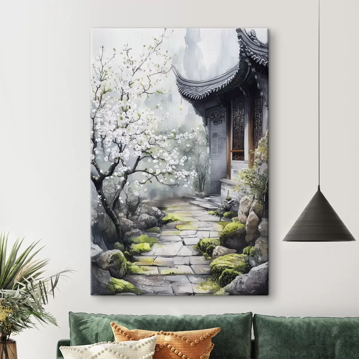 murales de pared Jardín japonés con cerezo y casa, estilo oriental, acuarela s44309