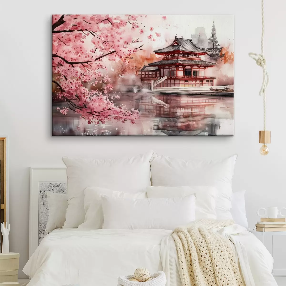 murales de pared Hermoso paisaje japonés con cerezo en flor y casa en el lago s44310