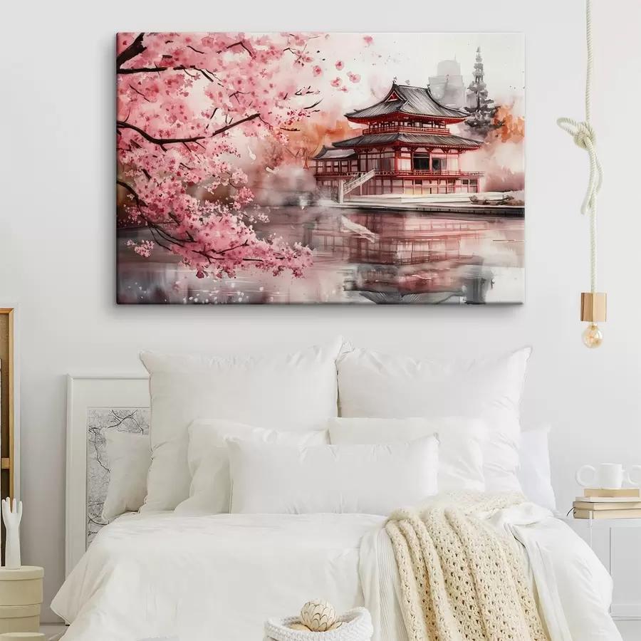 murales de pared Hermoso paisaje japonés con cerezo en flor y casa en el lago s44310