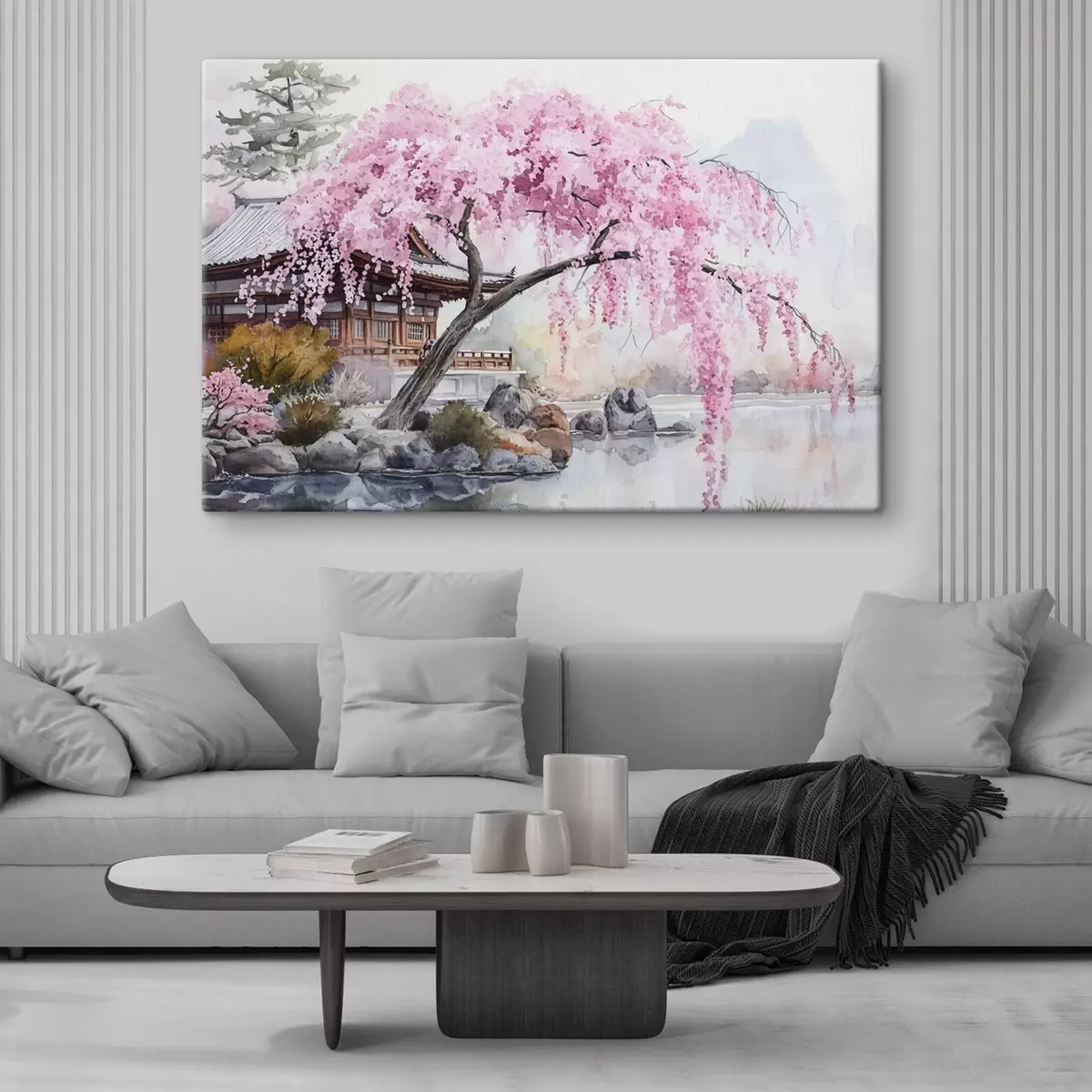 murales de pared Cerezo rosa cerca de casa en el lago, Japón, estilo oriental, acuarela s44312