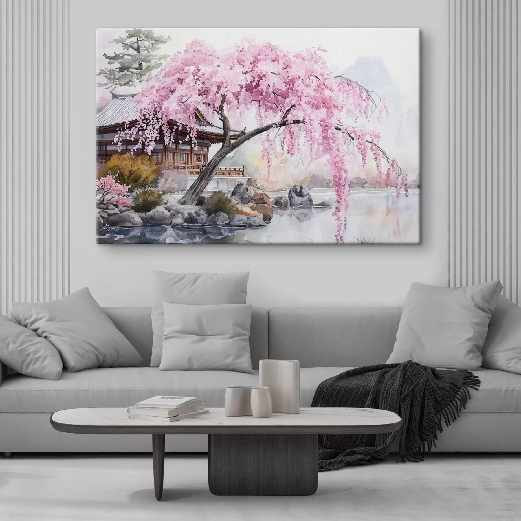 murales de pared Cerezo rosa cerca de casa en el lago, Japón, estilo oriental, acuarela s44312
