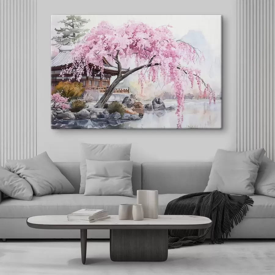 murales de pared Cerezo rosa cerca de casa en el lago, Japón, estilo oriental, acuarela s44312